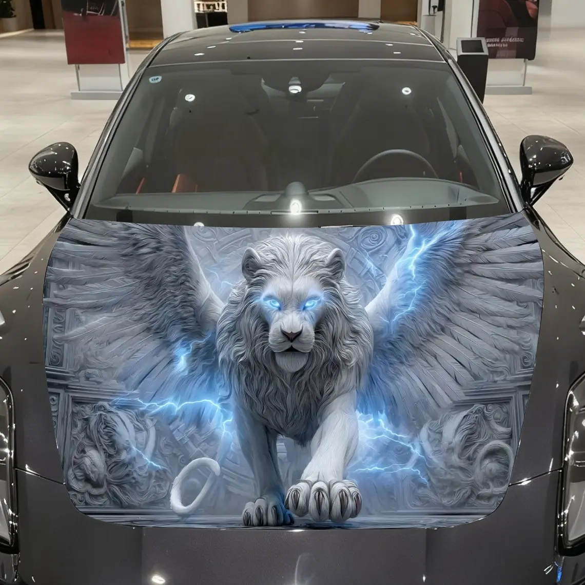 

Blue Electric Winged Lion Car Vinyl Wrap, PVC Material Waterproof Car Hood Sticker, Self-Adhesive Scratch-Resistant Stickers for