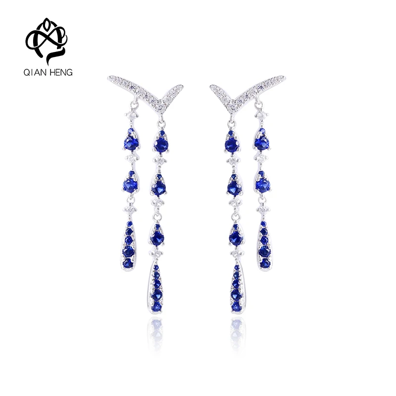 

Qian Heng S925 Synthetic Blue Sapphire Earrings Sliver Drop shape Gem Earring Elegent Design For Women Gift Party Jewelry