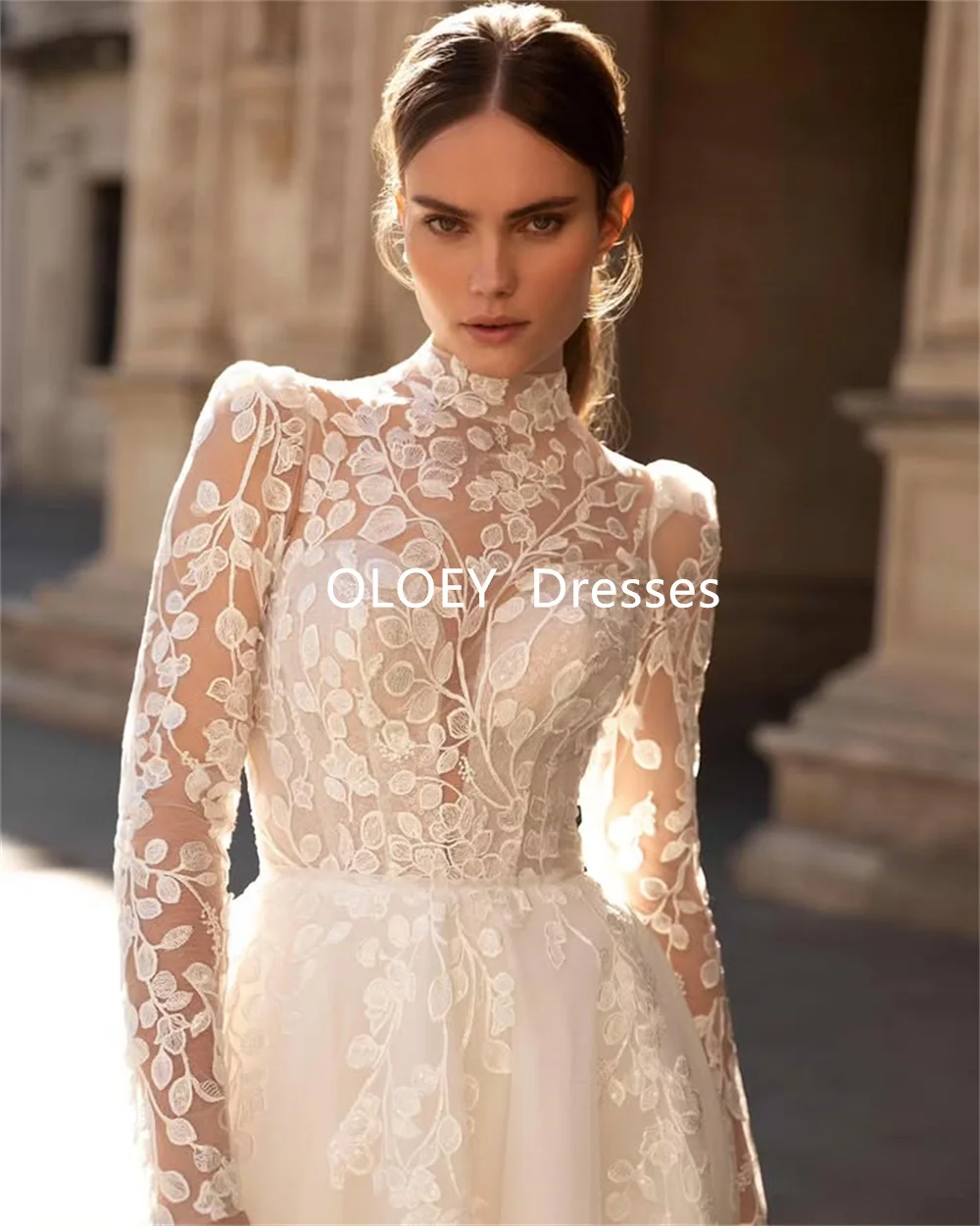 OLOEY Elegant Appliques A Line Wedding Dresses Floor Length High Neck Bride Gowns Full Sleeves Zip Vestidos De Novia Customized