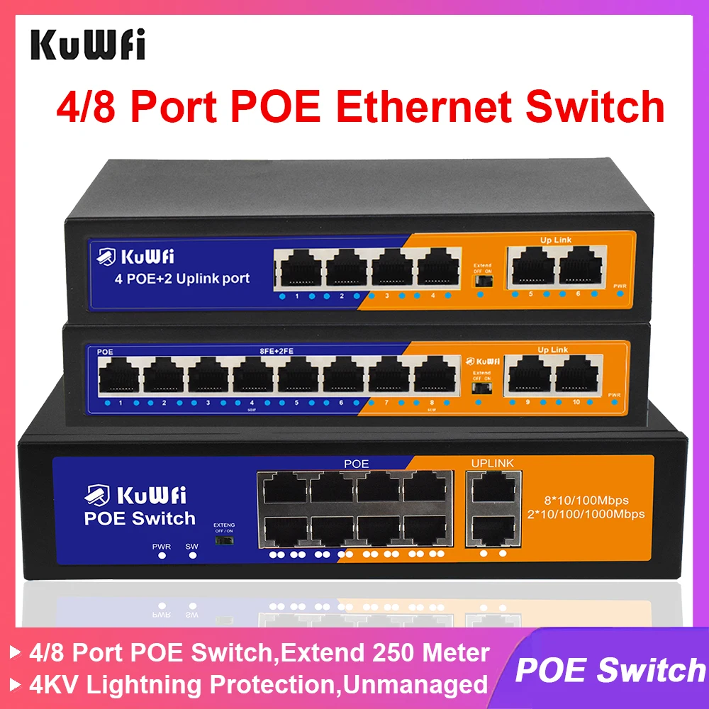 

Коммутатор Ethernet KuWFi POE с 4/8 портами POE, расширение до 250 метров, неуправляемый сетевой коммутатор с 2 UPLink, для дома и офиса, Plug and Play