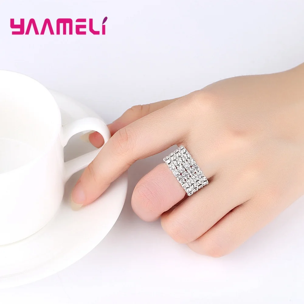 Luxury Stretch Band Ring Stacking Rows Square Cubic Zirconia Crystal Fashion 925 Sterling Silver Jewelry For Women