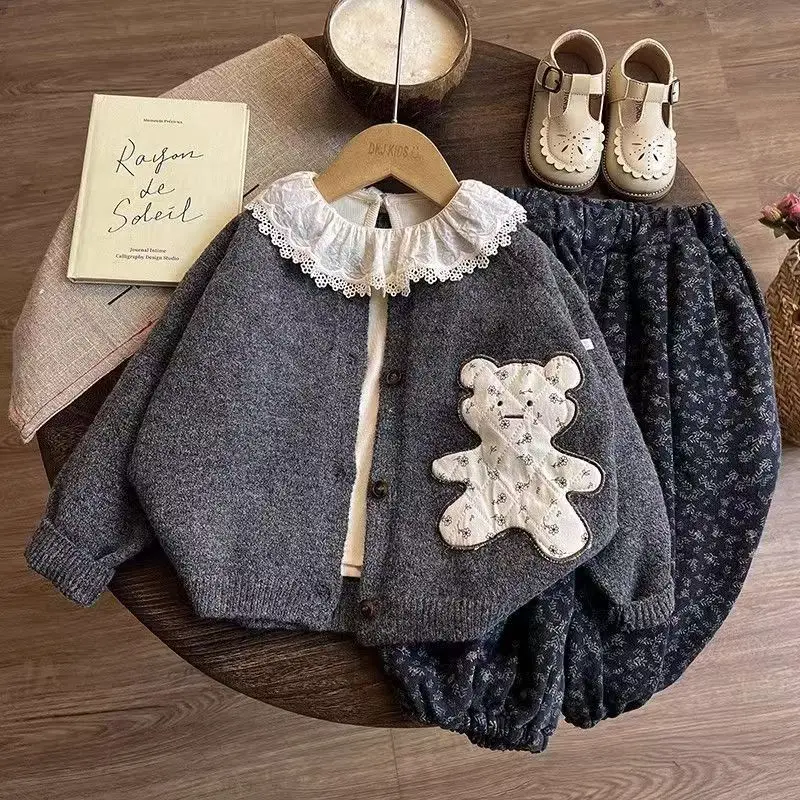 Girls Set Spring Autumn Children's Knitted Cardigan Long Sleeve T-shirt Floral Pants Three-piece Set Kids Clothing 2
