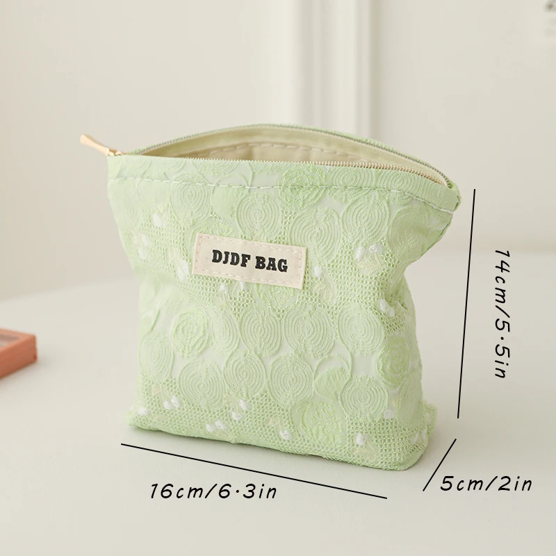 DJDF Fresh Green Women\'s Small Makeup Bag Canvas Zipper Portable Sanitary Napkin Storage Bag Carry-on Card Holder Coin Purse Ins