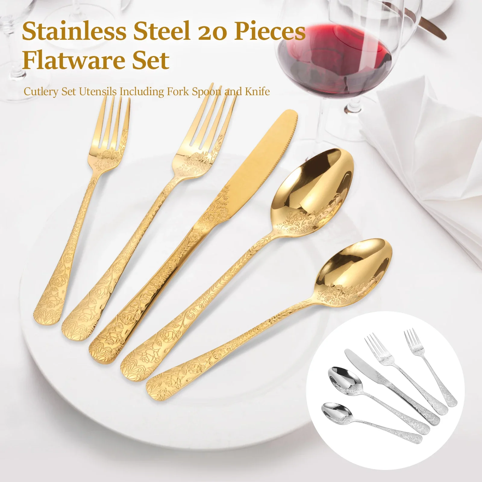 

20Pcs Flatware Set Golden Stainless Steel Kitchen Utensils Set Restaurant Steakhouse Western Grade Hotel Knife Fork Spoon Set