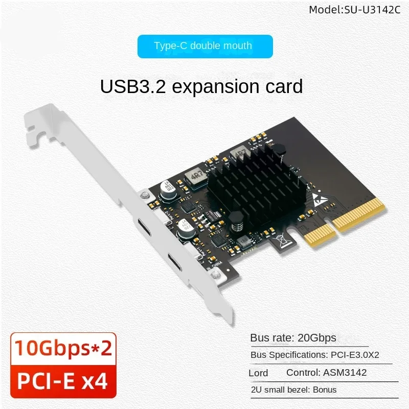 Cartão de Expansão PCIe para Desktop, Adaptador Tipo C, 2 Portas, USB 3.2, 10Gbps, ASM3142