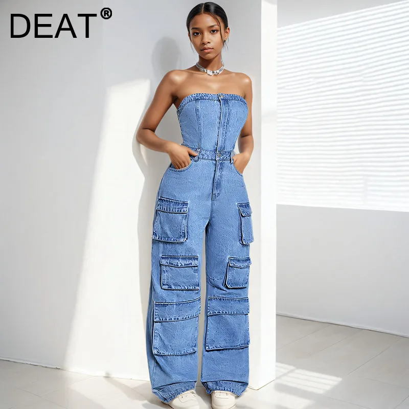 DEAT 2024 Winter New Items Fashion Pockets Denim Straight Leg Jumpsuit For Women High Waist Jumpsuits Female Trend 33A2159