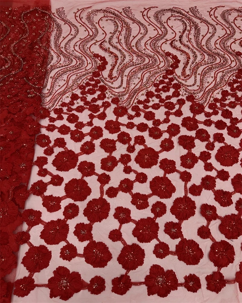 

Luxury 3D Beaded African Fabric Lace 5 Yards High Quality for Wedding Dress Sewing