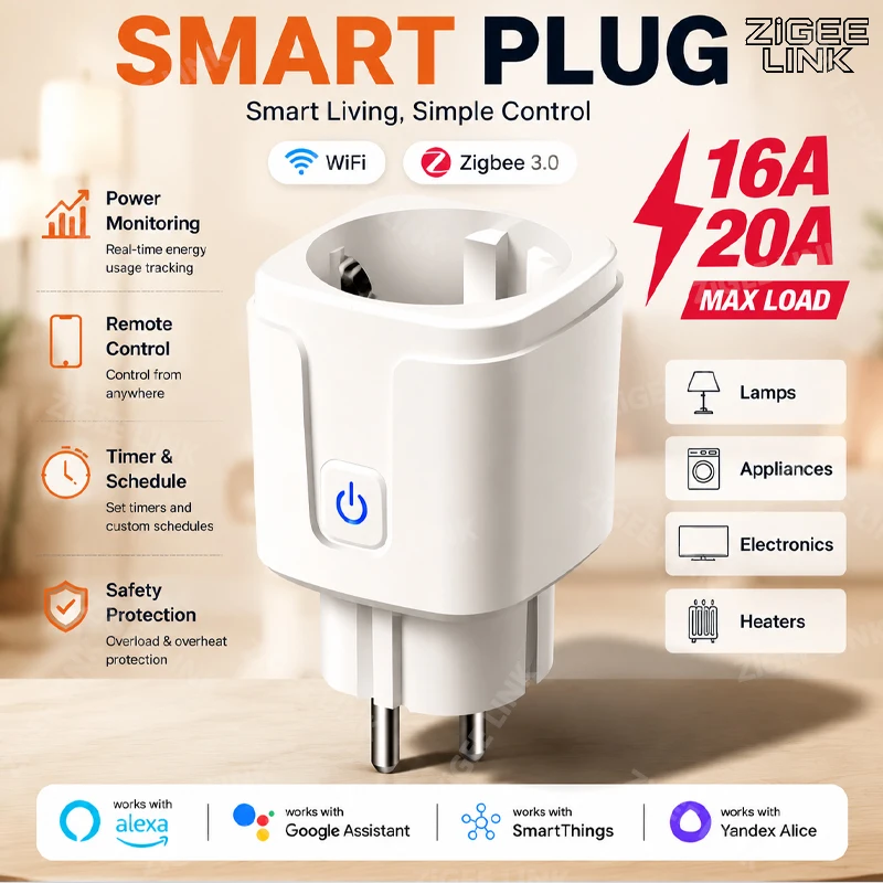16A/20A EU WiFi Zigbee3.0 Dual Mode Smart Socket Power Monitor Timing Control Appliance Switch Voice Control Alexa Google Home