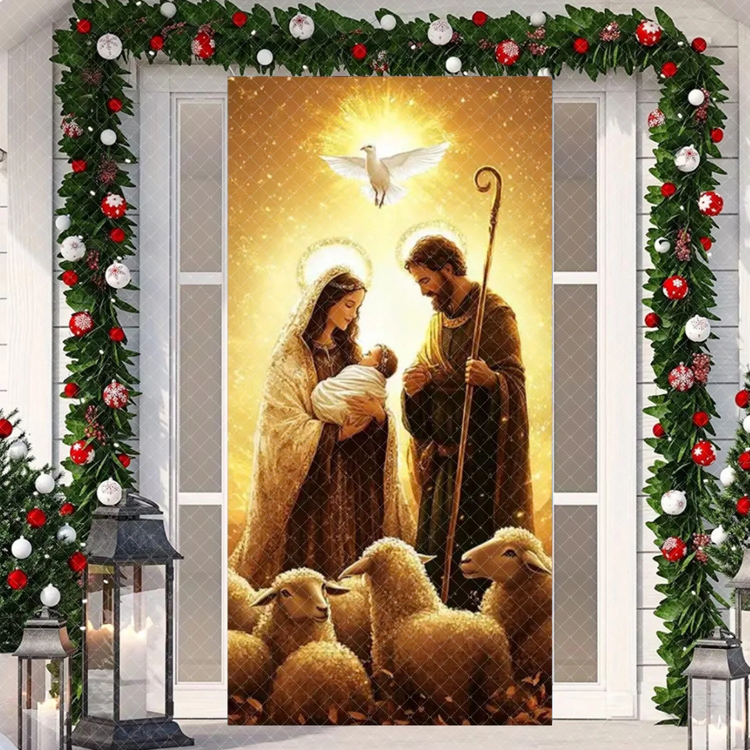 Świąteczny Noworoczny Baner na Drzwi Jasne Gwiazdy Szopka Bożonarodzeniowa Jezus Narodzony Ave Maria i Józef Święte Święto Dekoracje na Imprezę