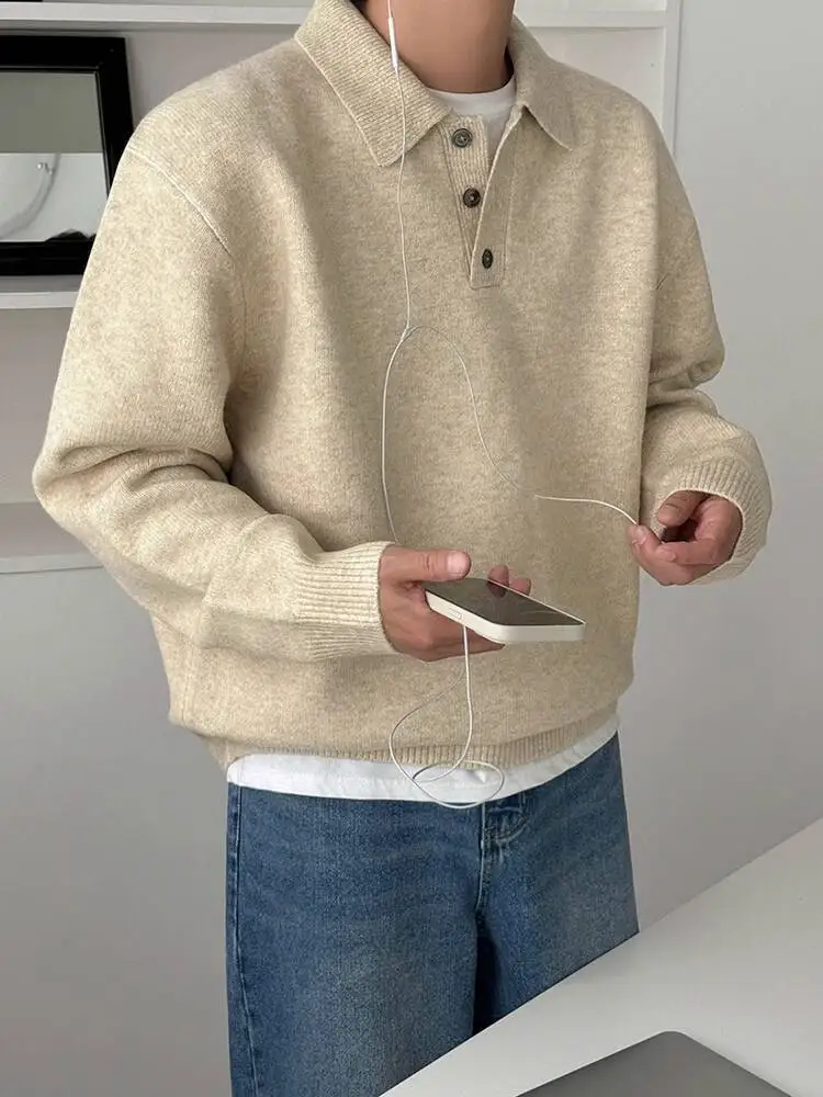 

SYUHGFA Korean Style Men's Sweaters Turn Down Collar Solid Color Knitting Men Clothing Loose Male Pullovers 2025 Winter New