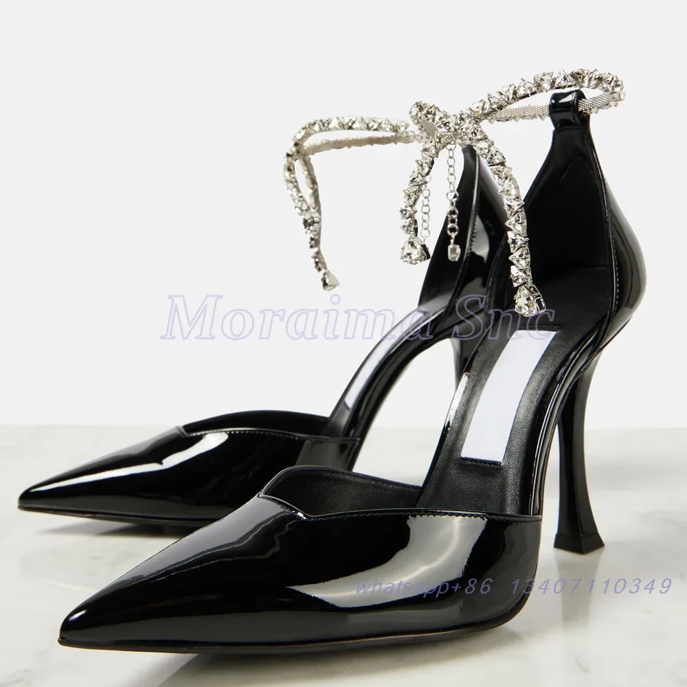 

Сандалии с острым носком и кристаллами, пикантные модные женские модельные туфли на высоком каблуке из лакированной кожи на каблуке-шпильке, летние банкетные туфли