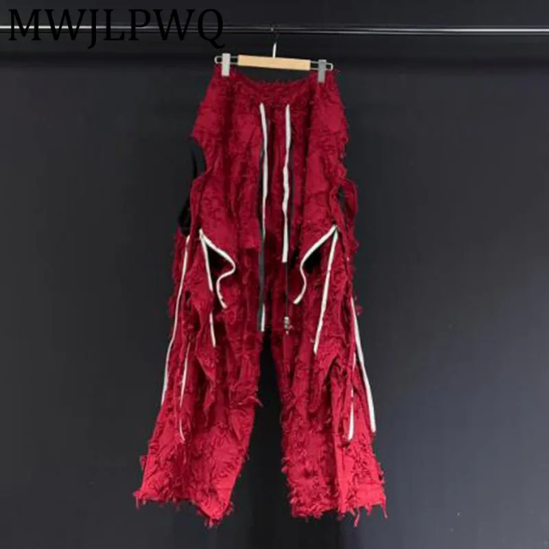 

MWJLPWQ Tassel Niched Design 2025 New Wine Red Vintage Casual Pants For Men Loose Unisex Wide Leg Trousers Autumn Trendy 12267