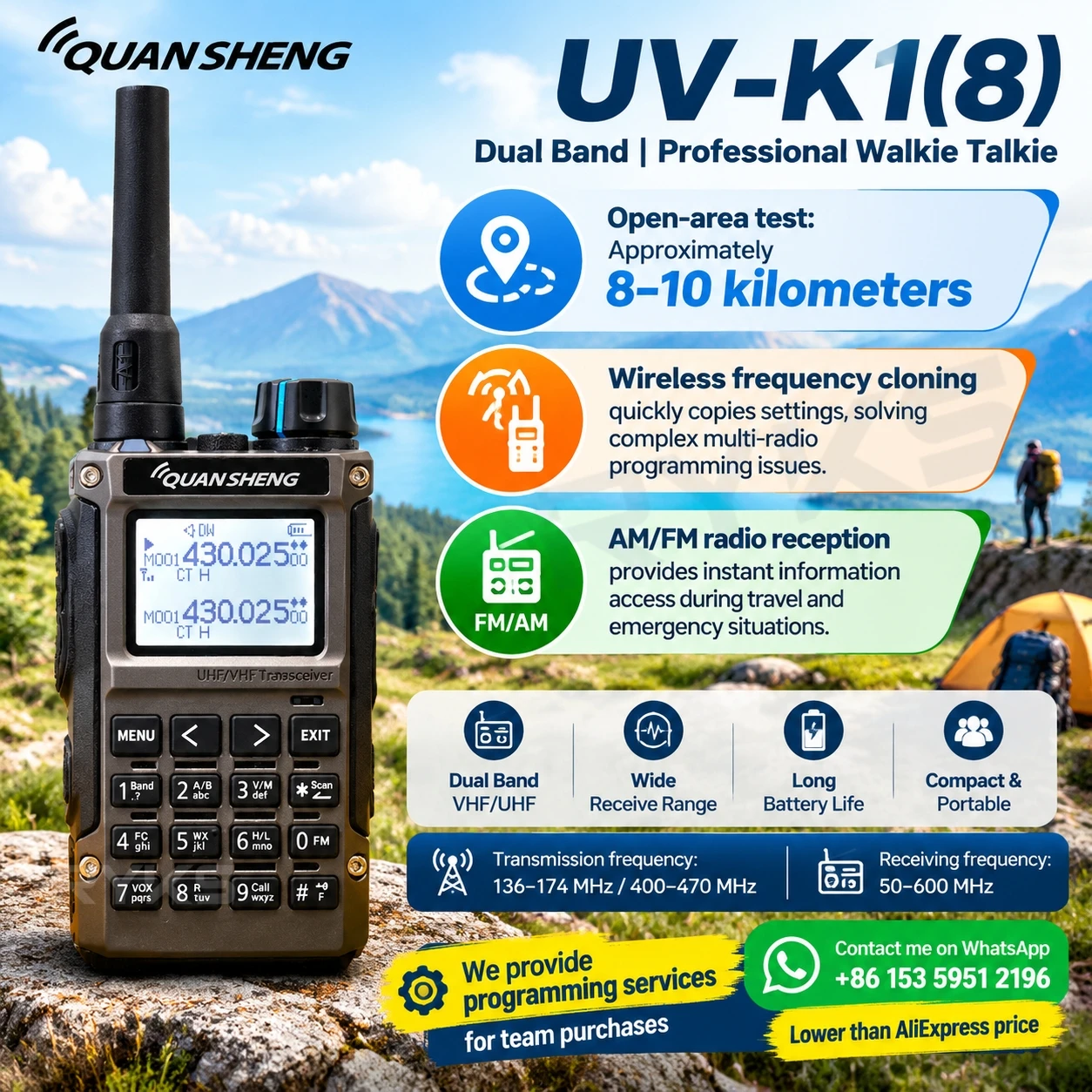QUANSHENG UV-K1(8) Dual Band Walkie Talkie VHF UHF 5W Long Range Radio Outdoor Camping Hiking Travel Communication Tool