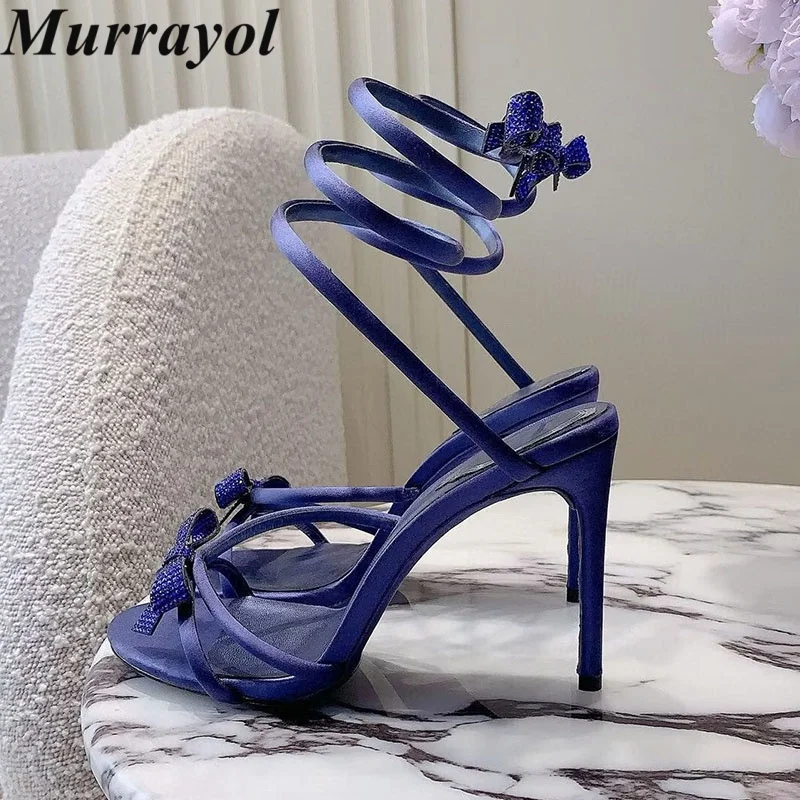 Sandals Summer Satin Ankles Snake Shaped Elastic Band Sandalia Women's Glitter Bow Crysta Decor Thin Heels Banquet Shoes