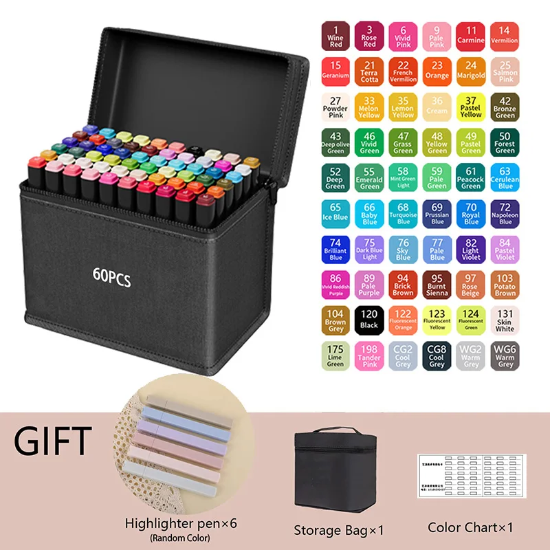 24-262 Kleuren Alcohol-Based Tekenenstiften Dubbele Punt Permanente Art Sketch Markers voor Illustratie Schoolbenodigdheden