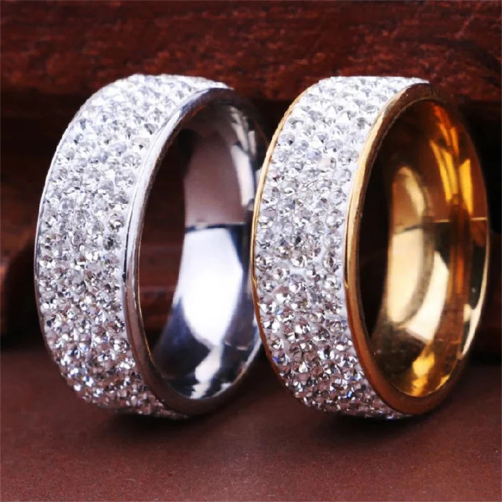 8mm Wide Five Rows Full Rhinestone Shiny Rings Stainless Steel Gold Silver Color Ring For Women Men Hiphop Fashion Party Jewelry