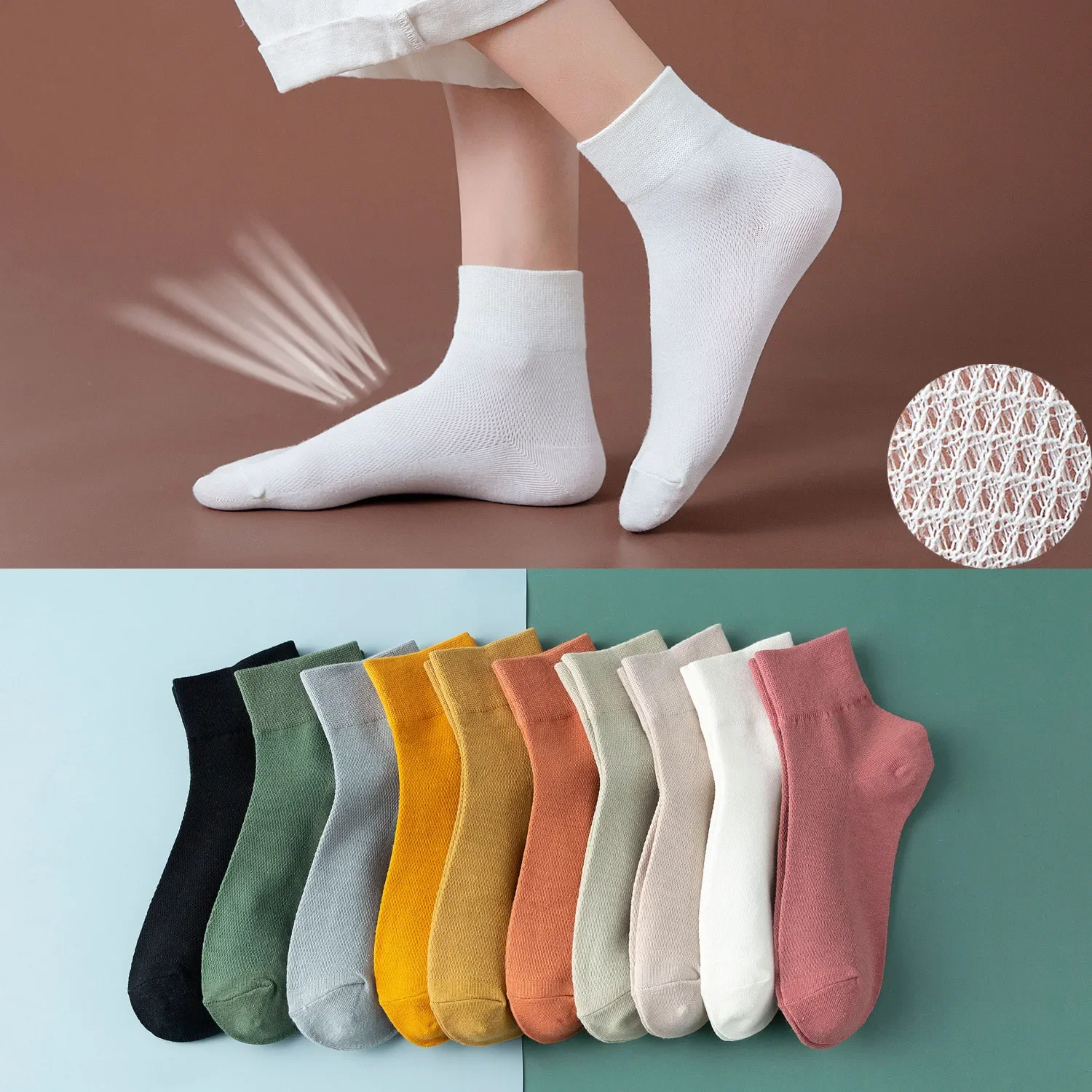 Cotton Solid Color Woman Socks Summer Thin Hollow Out Mesh Short Socks Soft Casual Breathable Fashion Harajuku Retro Ankle Socks