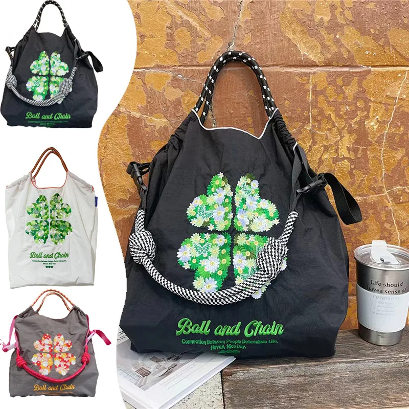 Kawaii Ballchain Four Leaf Clover Embroidered Shopping Bag Nylon Anime Cute Black Large Capacity Shoulder Bag Women Handbag Gift