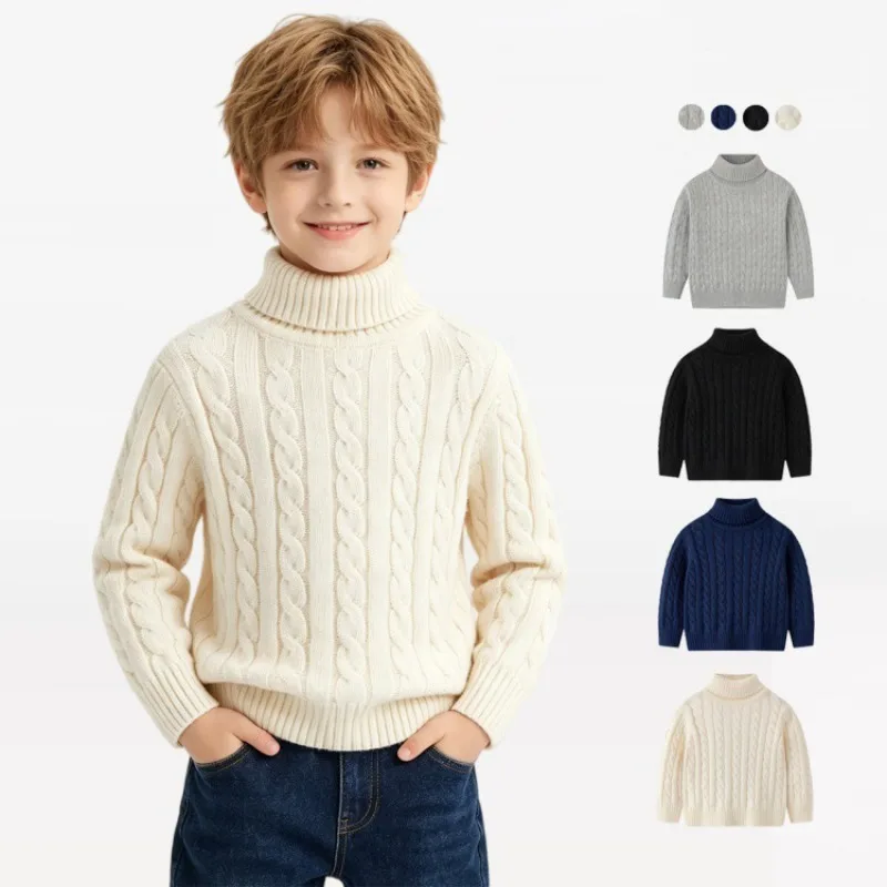 2026 Herbst Kinder Jungen Zopfmuster Rollkragenpullover Kinder Baumwolle Langarm Pullover Winter 2-12 Jahre Warme Basisschicht Strickwaren – Detail 2