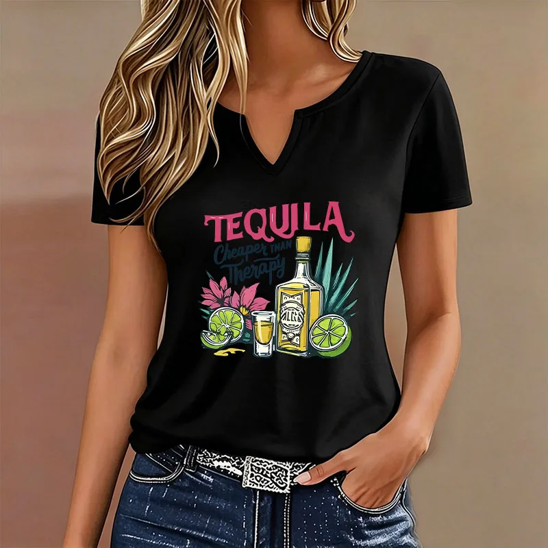 Fashion Casual Y2k Drink Tequila Print T Shirts Women Short Sleeve Tee Shirt V-Neck Summer Spring T-shirt V Neck
