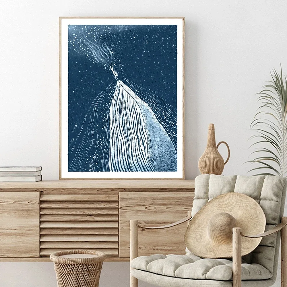 Summer Sea Swim Poster Open-Water Pool Canvas Painting Abstract Diving Whale Art Print Minimalist Wall Picture Living Room Decor