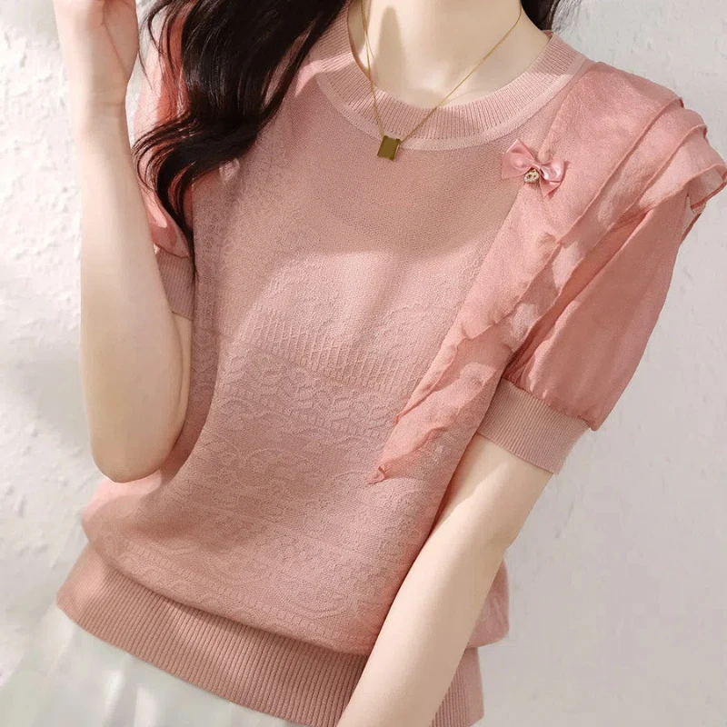 

Knitted T-shirt for Women Simple High-end Versatile Top Design Niche Loose Commuting
