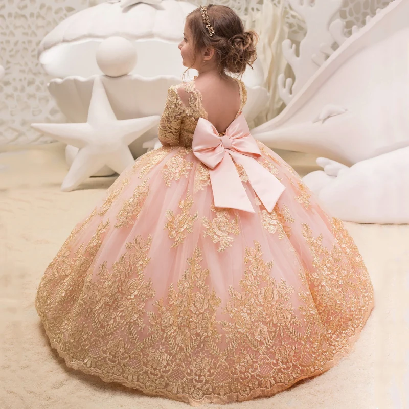 Flower Girl Dress Pink Tulle Gold Rose Flory Embroidery With Bow Half Sleeve For Wedding Birthday Banquet Holy Communion Gowns