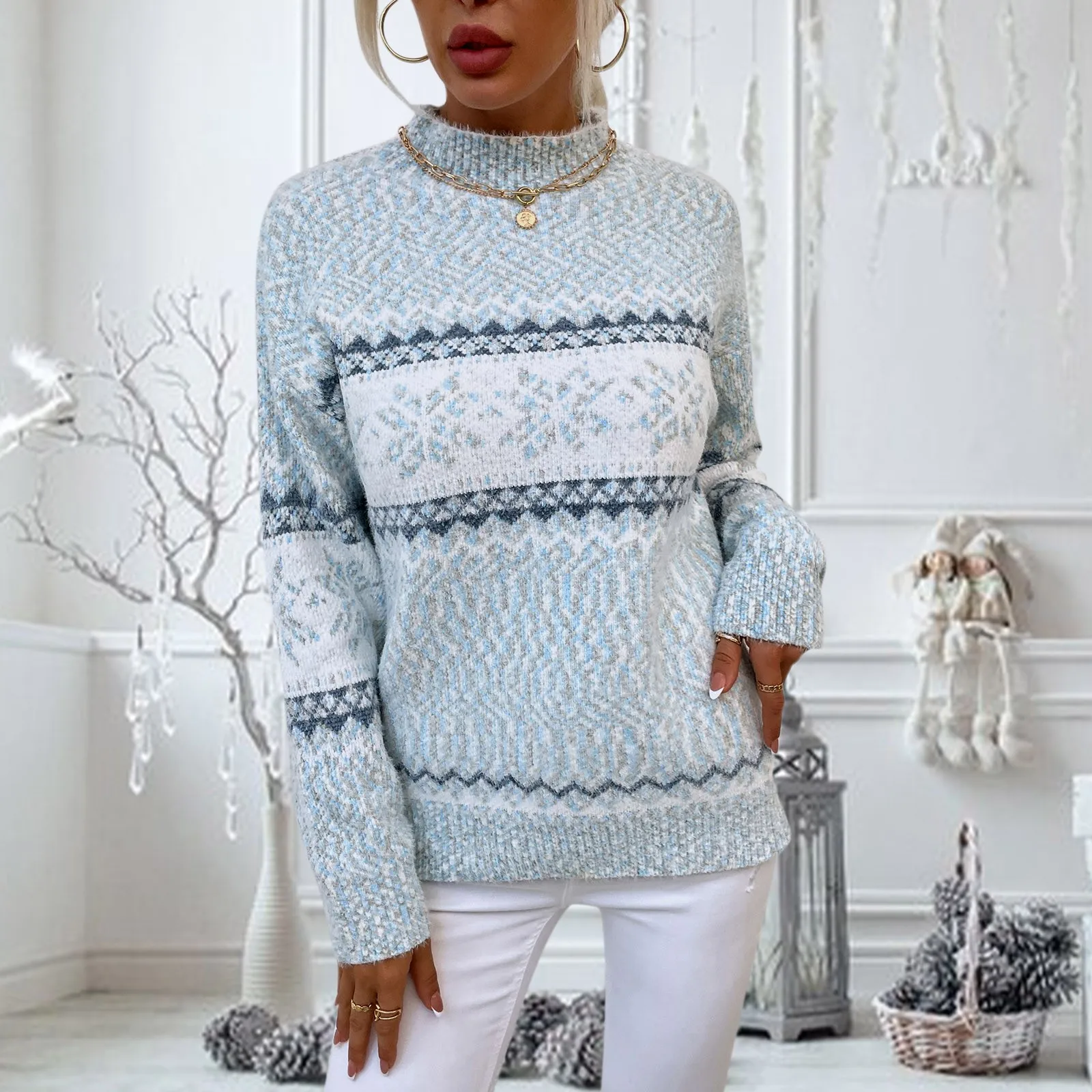 Damski świąteczny sweter w kształcie płatka śniegu elegancki delikatny różowy/jasnoniebieski golf Vintage wakacyjny sweter z dzianiny noworoczna dzianina