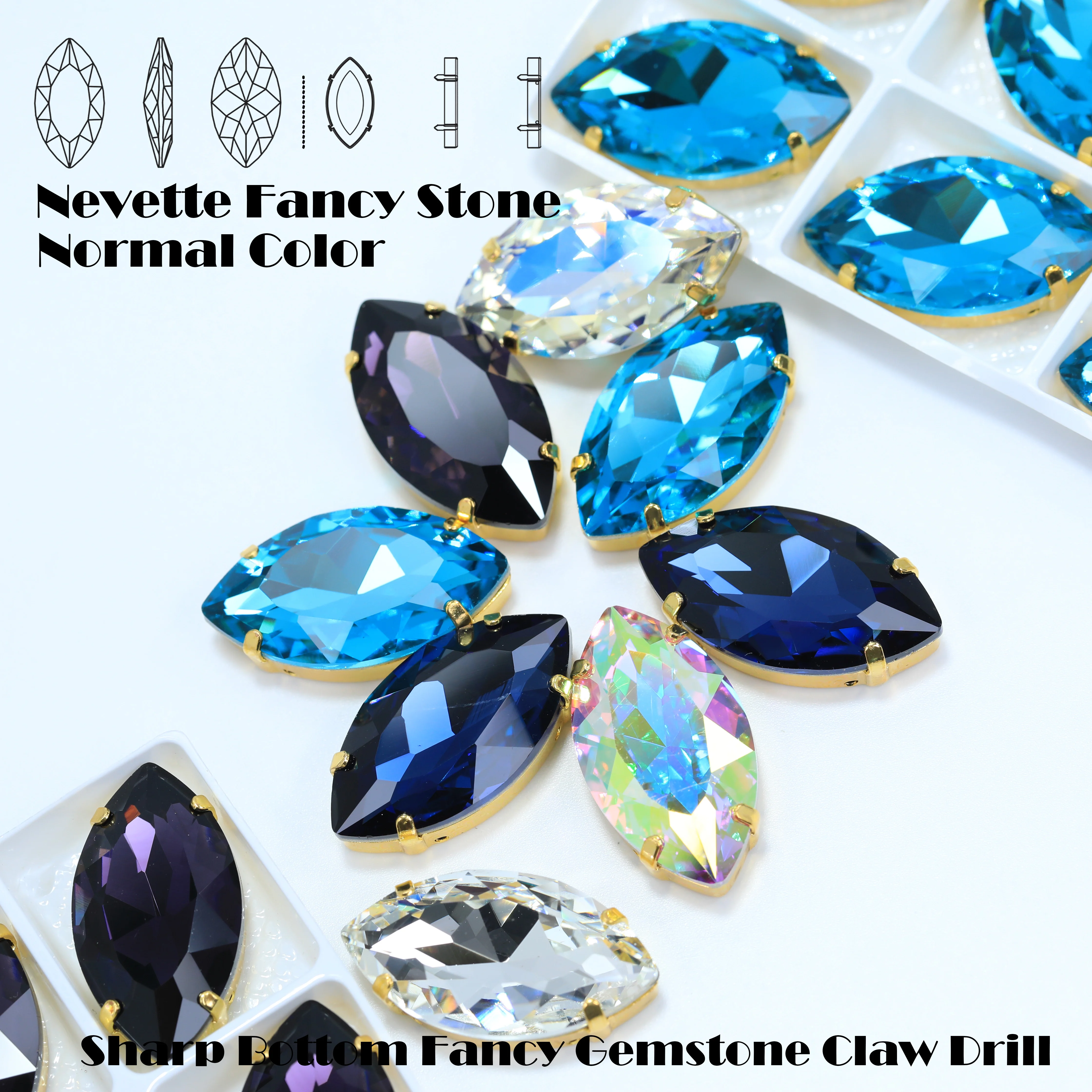 Strass Marquise Claw de Cristal de Vidro Premium com Revestimento Iridescente e Brilho Cintilante para Costurar em Roupas, Capas de Celular e Projetos DIY