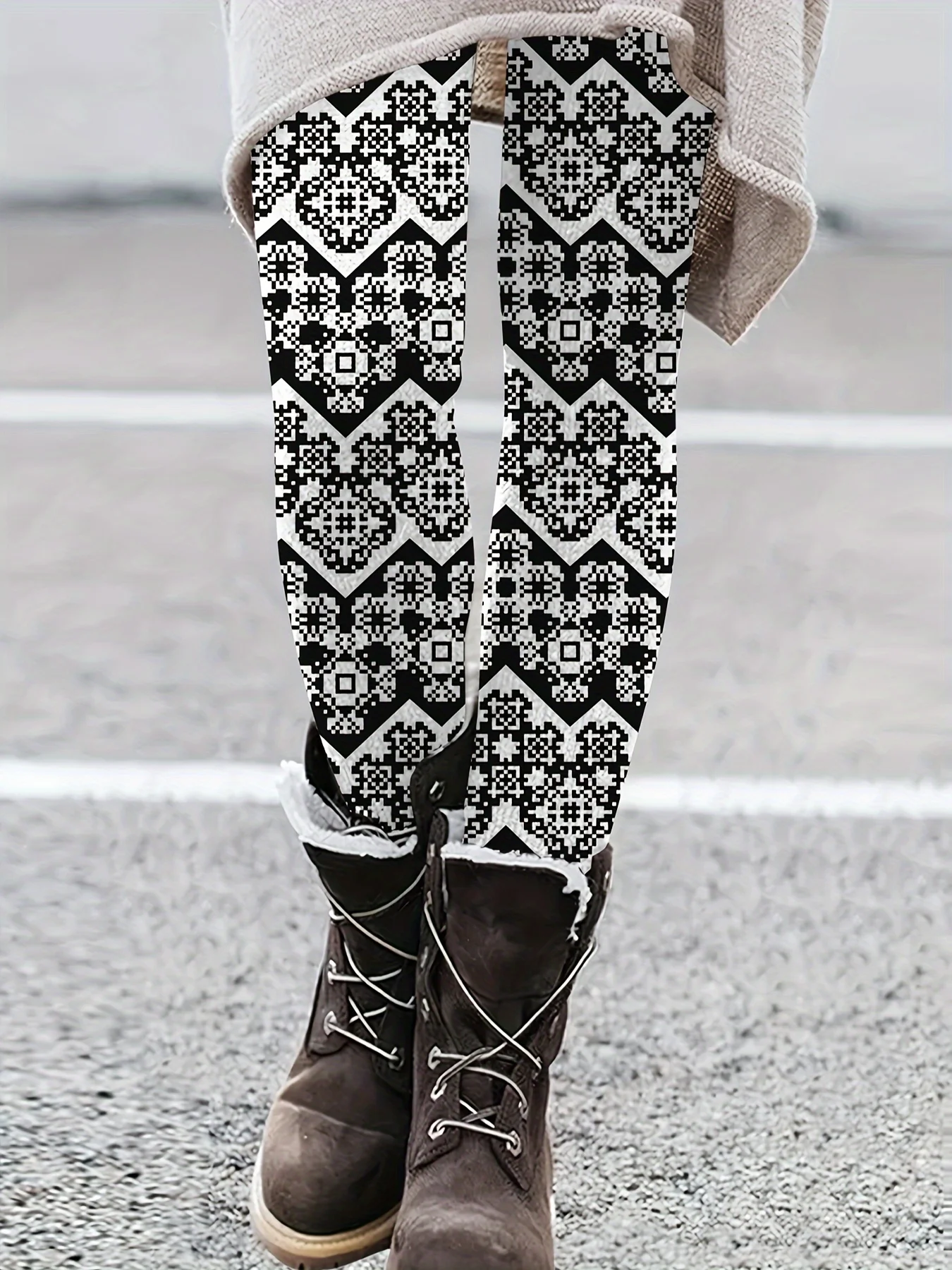 Women's Black White Moroccan Geometric Print Leggings Boho Stretchy Slimming Trousers