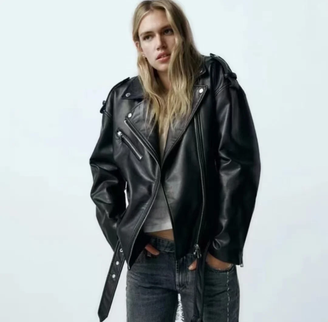 레트로 루즈핏 가죽 재킷 여성 캐주얼 슬레 지퍼 클로저 롱 코트 가을 신상품 PU 소재