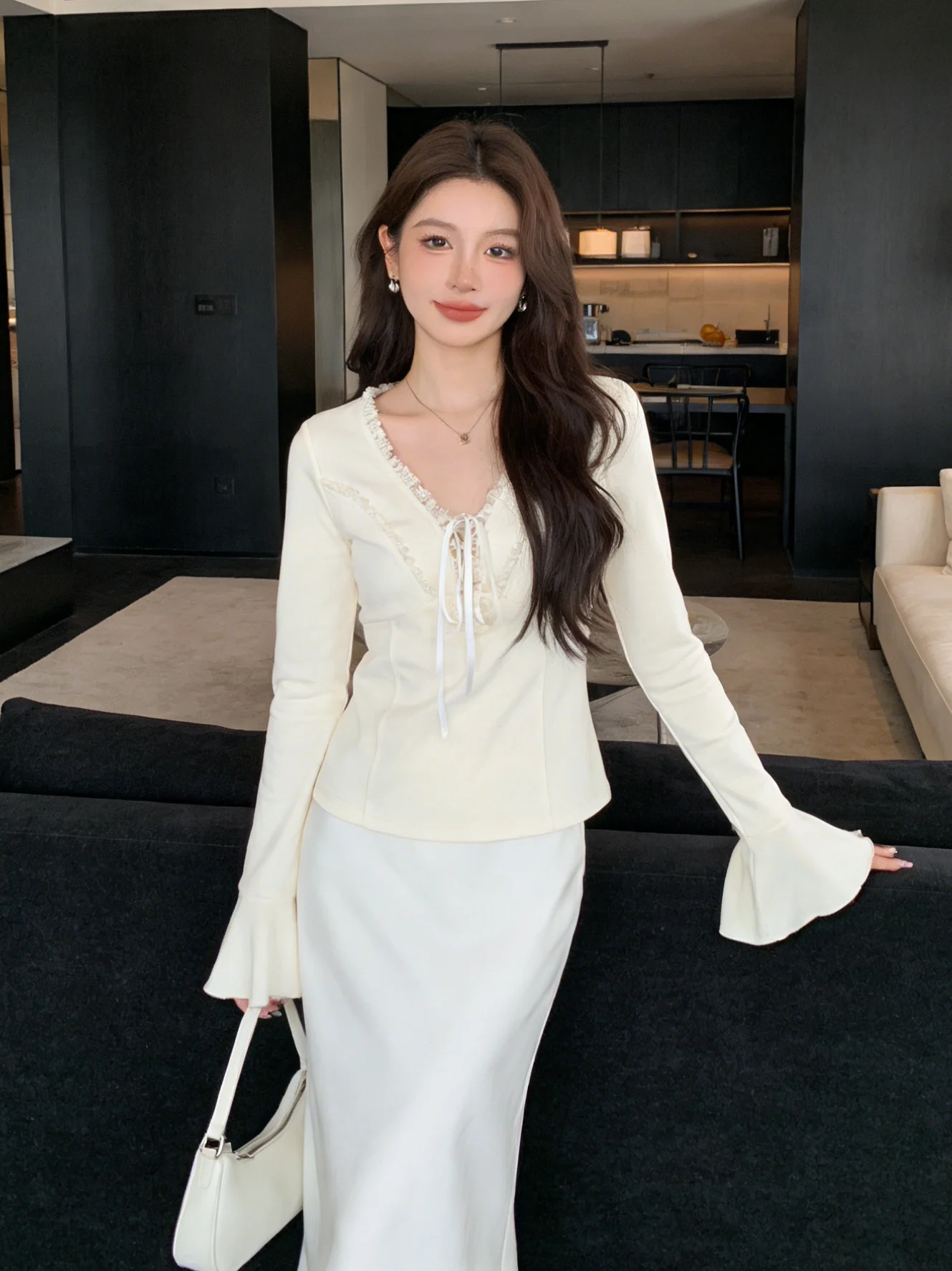 

Корейский вязаный топ с кружевной отделкой, V-образным вырезом, короткими и длинными рукавами, мягкий, приятный к телу, с рукавами-колокол, базовая модель, женская мода