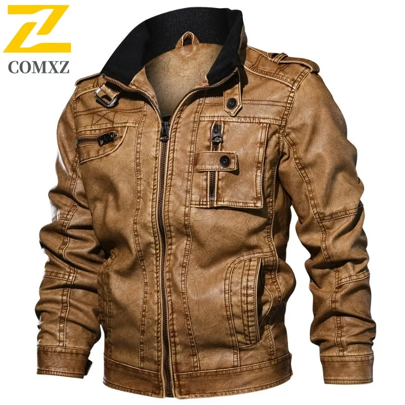 

COMXZ Mens PU Leather Jacket New Trendy Stand Collar Travel Thickened Leather Coats Casual Plus Size Windproof Winter Coat​