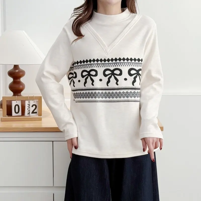 

XXXXL модная женская одежда больших размеров, футболка на осень и зиму 2025, утолщенные флисовые теплые топы из двух предметов с принтом 2602