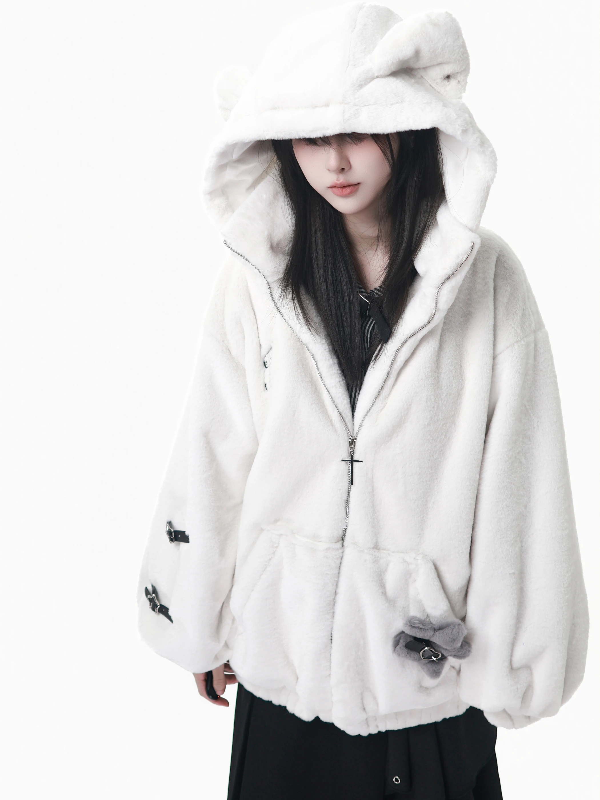 PinkSavior Original moda dulce chica fresca con capucha cremallera suelta Casual abrigo de piel sintética para mujeres invierno grueso cálido chaquetas cortas