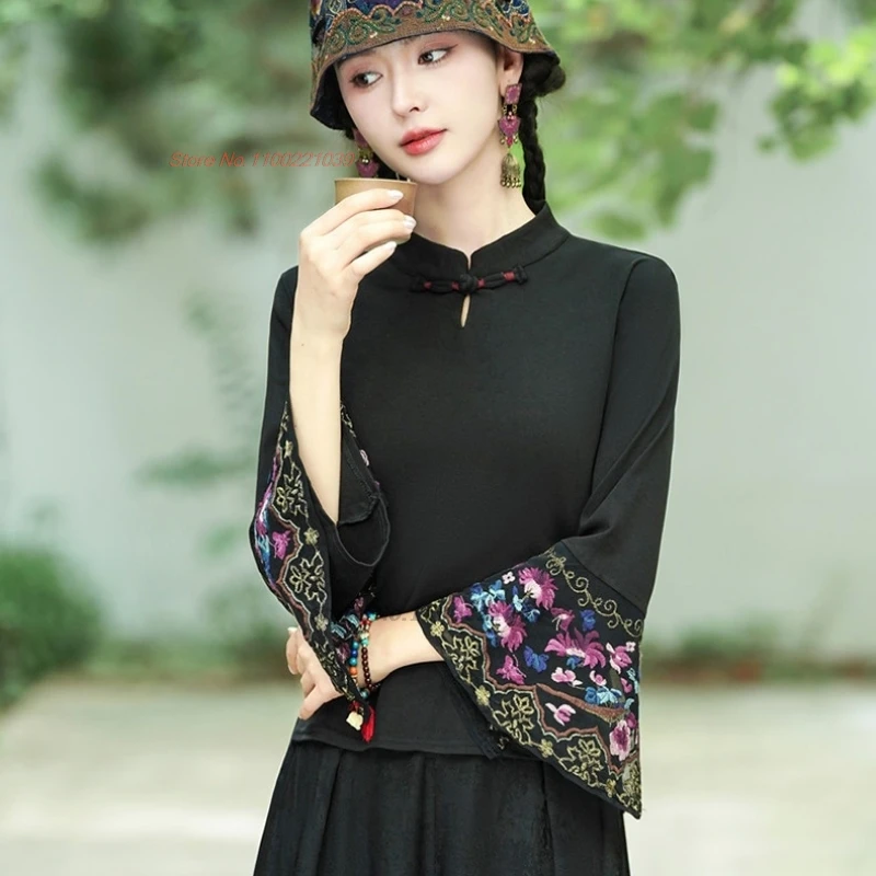 

Традиционная китайская рубашка ханьфу 2026 года с воротником-стойкой, винтажная, с цветочной вышивкой, этническая базовая рубашка, уличная одежда