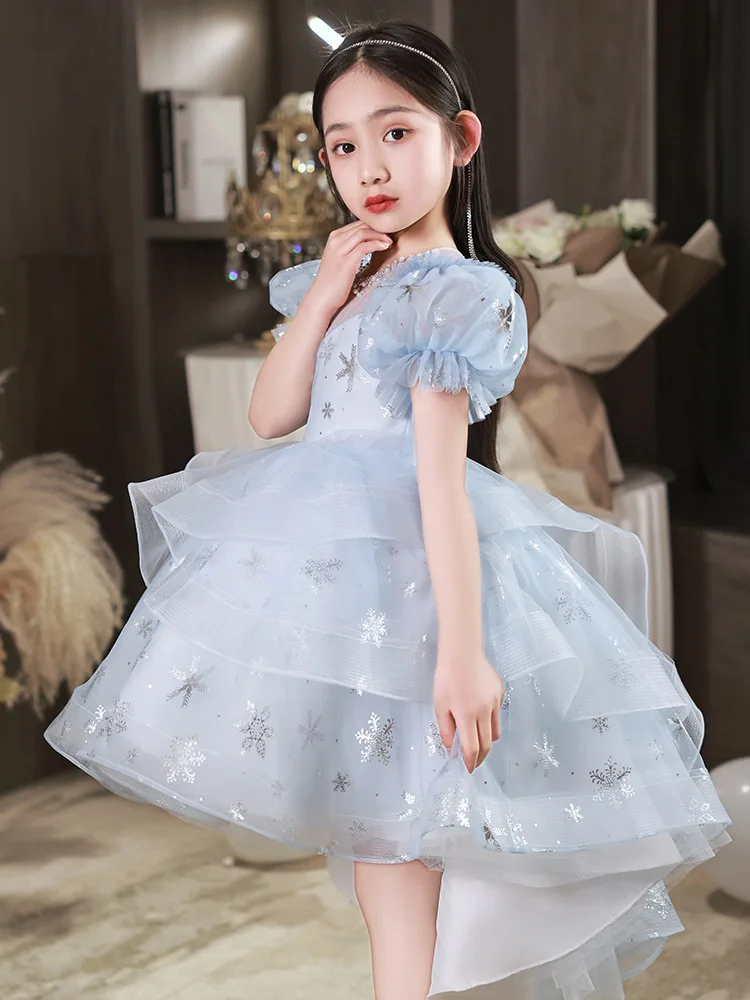 Robe à fleurs en dentelle pour enfants, robe de Rhpour enfants, paillettes de flocon de neige, perles, queue mate, fête d'anniversaire, occasions spéciales