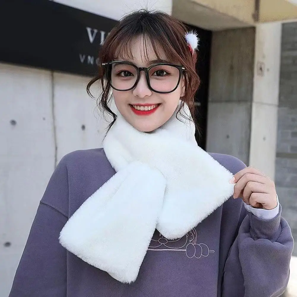 Imitation Animal Hair Women Scarf Solid Color Plush Cold Weather Cross Scarf Thickened Versatile Style Winter Shawl For Daily