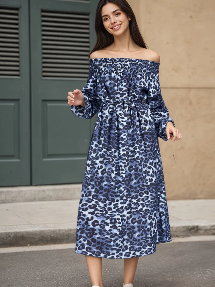 

Women's Navy Blue Leopard Printed Casual Midi Dress Off-Shoulder Puff Sleeve Drawstring Waist Long Sleeve Flowy Casual Dresses