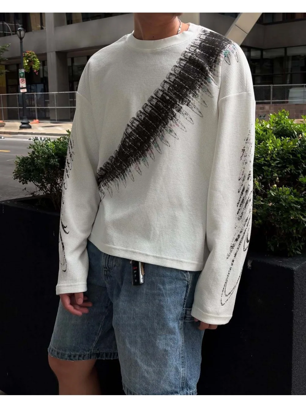 Spring/Autumn leisure fashion new, American street retro ins style, bullet printing, round neck Waffle long-sleeved T-shirt