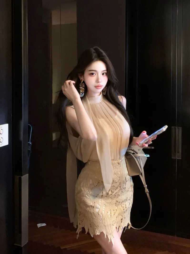 Koreaans ontwerp afslanken Svel Ne hangend vest top hoge taille kanten wrap ter zomerset dames faionable outfit