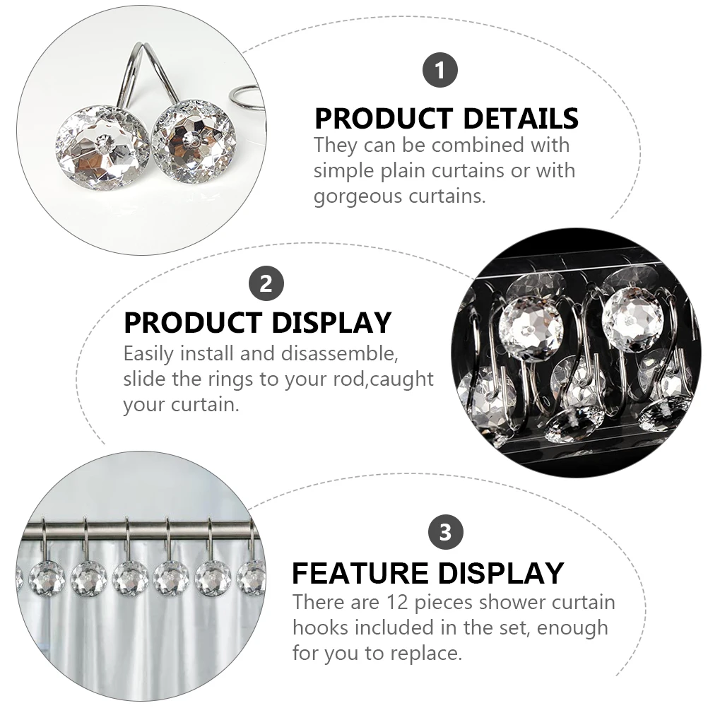 

12 Shower Curtain Hooks Acrylic Metal Diamond Rings Bathroom Decorative Hangers Low Noise Easy Install Disassemble