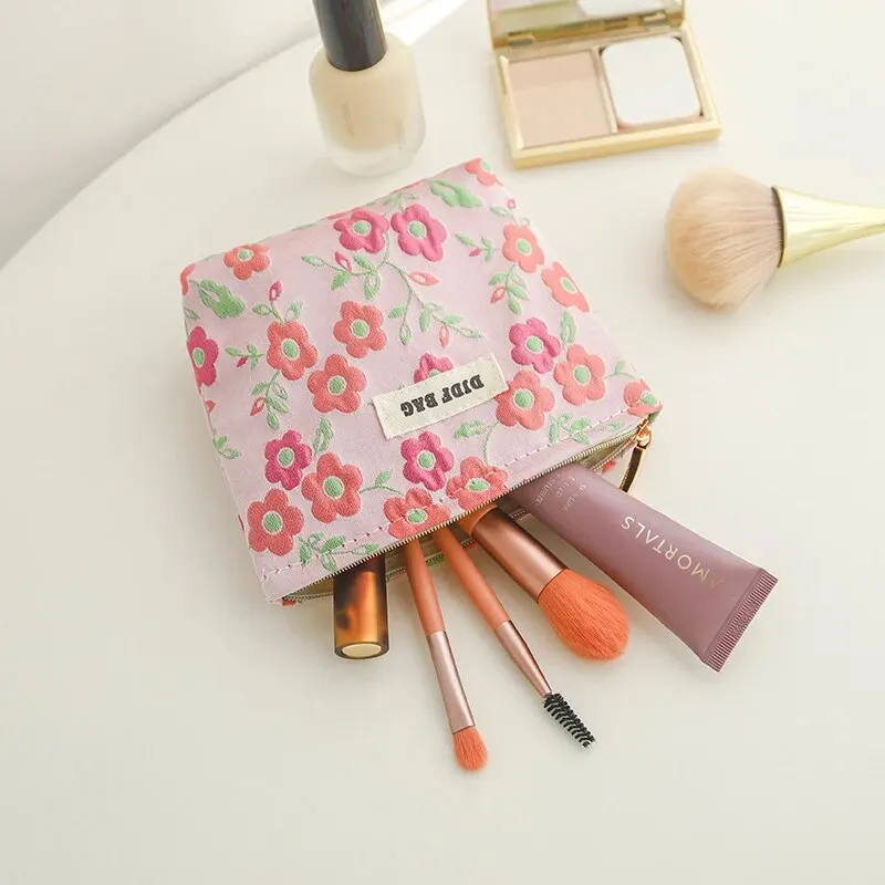 Women\'s Cosmetic Bag Small Pink Flowers Large Capacity Cosmetic Lipstick Storage Bag Portable Coin Purse Commuter Clutch Ins