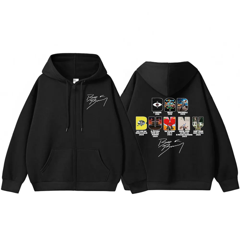 Rapper Bad Bunny Music Album Cover Print Zipper Hoodies Men Women Clothing Hip Hop Zip Up Sweatshirts Long Sleeve Hoodie Jackets
