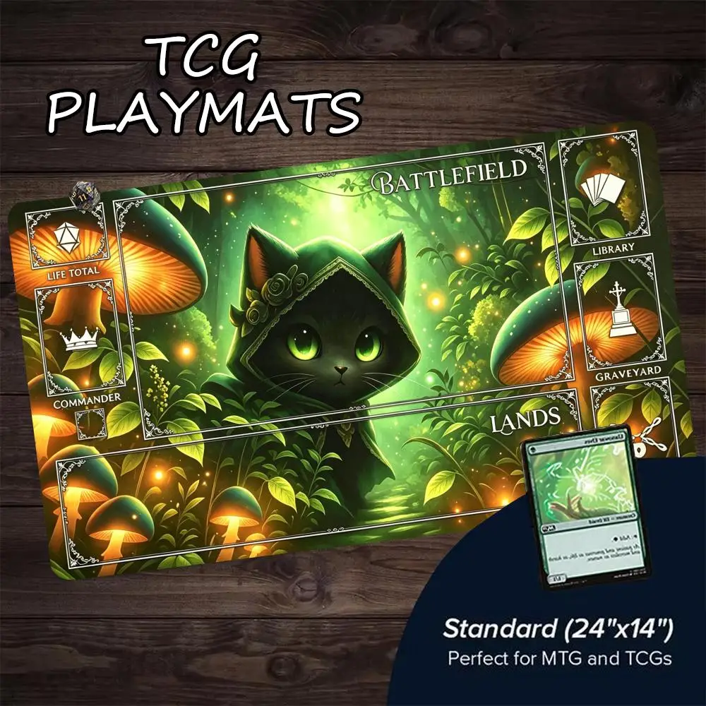 Cute Black Cat Forest MTG Playmat With Game Zones Non Slip Rubber TCG CCG Card Game Mat Magic The Gathering Tabletop Desk Pad