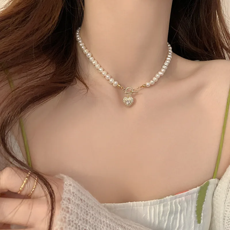 

Freshwater Pearl Micro Pave Zircon Heart Necklace for Women Korean Style Elegant Internet CelebrityOTBuckle Design Sense Necklac