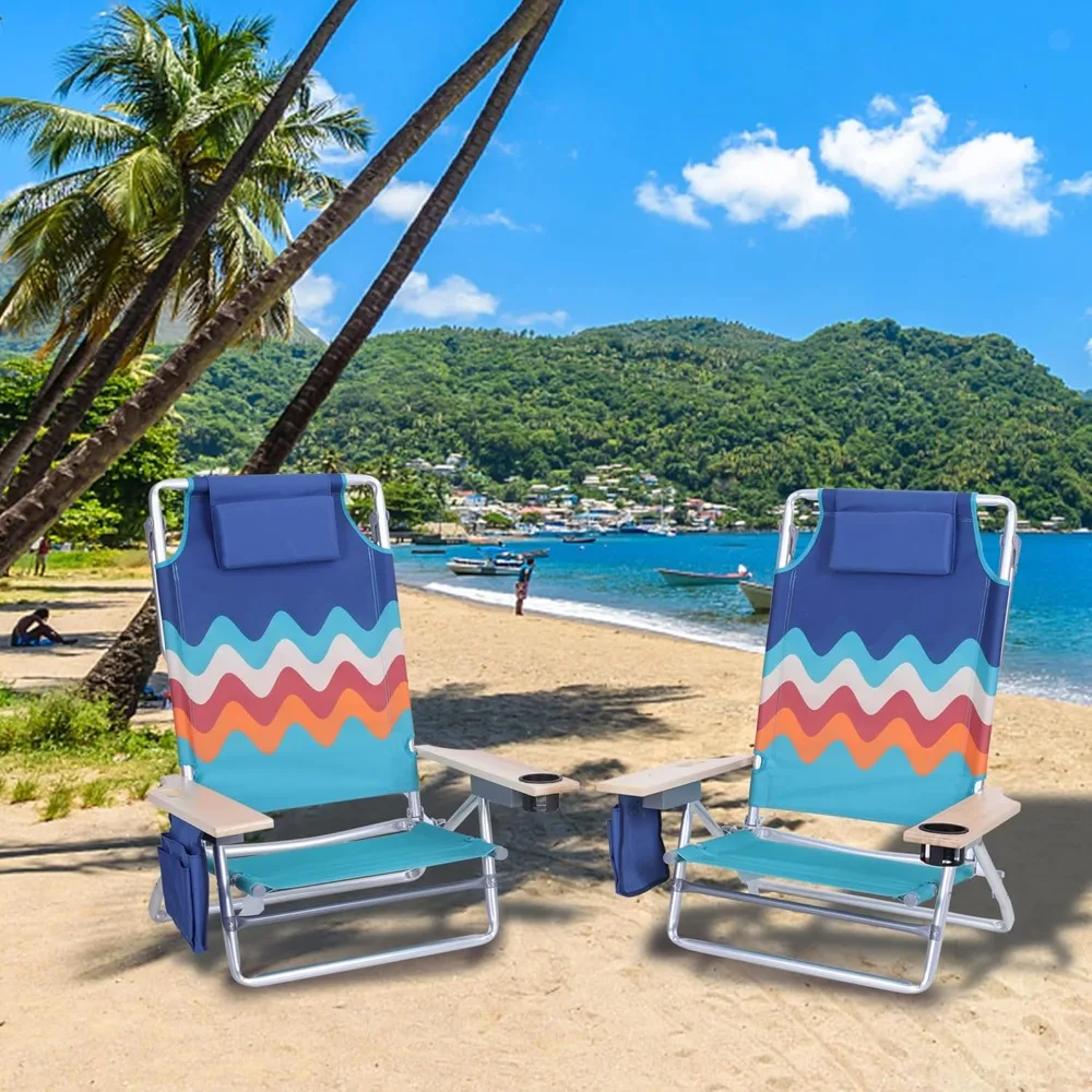 Pack Aluminum Beach Chairs 5 Positions Portable Folding Reclining Chairs with Cooler Bag, Towel Bar, Armrest for Sand,Sunbathing