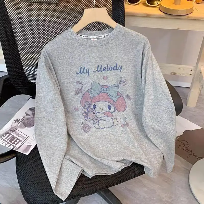 

Новая женская футболка Sanrio Melody с длинным рукавом, 100% хлопок, осенняя повседневная многослойная кофта в японском стиле, свободный крой, милая новинка