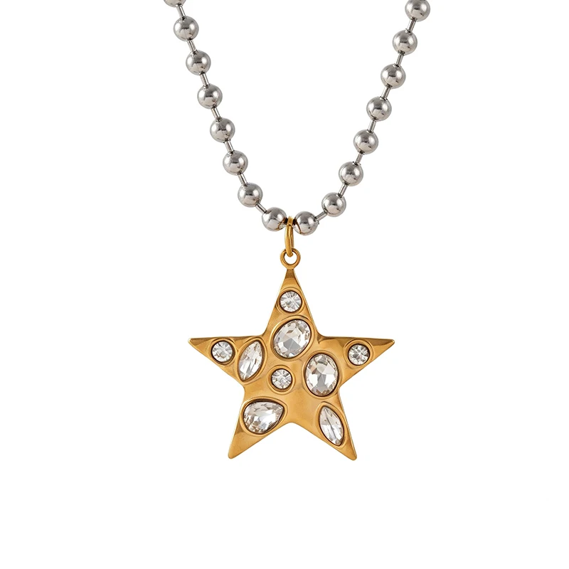 Titanium Steel Mixed-color Necklace Featuring a Cross, Heart, and Star Motif, Accented with a Bead-holding Clasp and Inlaid With - view 5