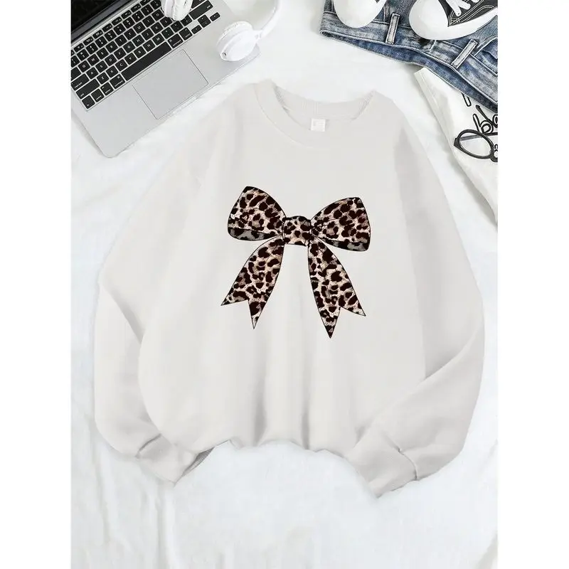 Suda con Estampado de Leopardo para Mujer, Cuello Redondo, Detalle de Lazo en la Capucha, Estilo Cleanfit, Ropa de Abrigo...